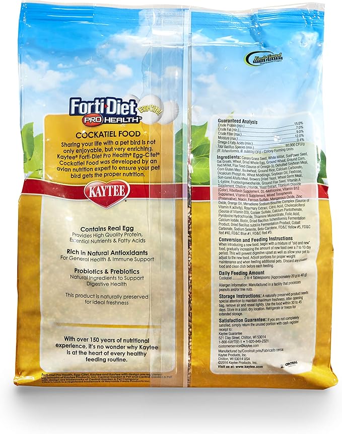 Kaytee Forti-Diet Egg-Cite Pet Bird Food For Cockatiels, 5 Pound