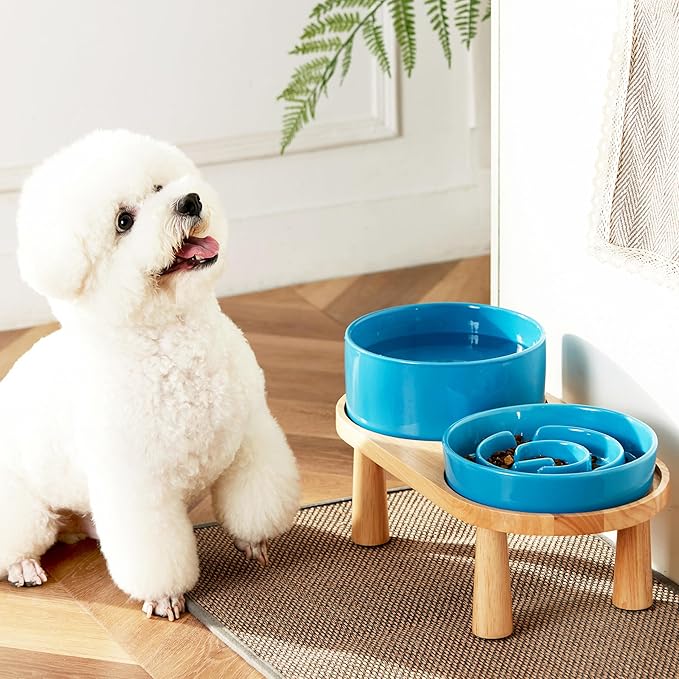 Ceramic Slow Feeder and Water Bowl Set for Medium and Large Dogs, Ceramic Dog Bowls Elevated with Wooden Stand, 2.0 Cups Dog Slow Feeder(30oz) and 70oz Water Bowl Set, Blue