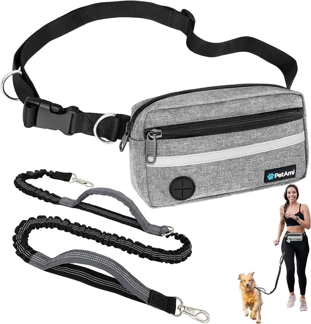 PetAmi Hands Free Dog Leash, Running Leash Belt Walking, Jogging, Waist Zipper Pouch with Poop Bag Dispenser, Dual Padded Handles, Reflective Durable Bungee Single, Heather Grey, 1 Leash