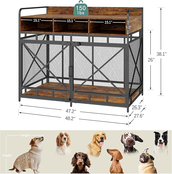 Dog Crate Furniture, 48" Heavy Duty Wooden Dog Crate End Table, XL Dog Kennel Furniture Large Breed, Decorative Dog Kennel Indoor with 3 Drawers & Steel Tubes 48" L x28 W x38 H (Rustic Brown)