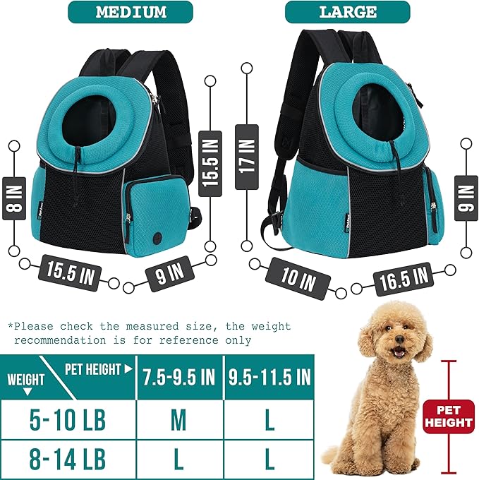 PetAmi Front Carrier Backpack, Ventilated Adjustable Pet Chest Carrier for Dog Cat, Hiking Camping Travel, Small Puppy Medium Cat Carrying Bag, Max 10 lb, Sea Blue