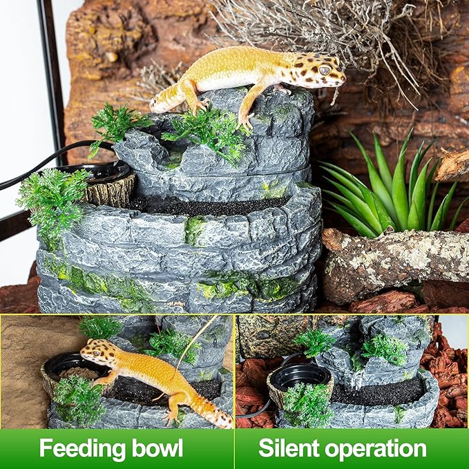 500ML Reptile Waterfall Fountain, Reptile Water Drinking Fountain for Bearded Dragons, Geckos & Lizards – Terrarium Waterfall with Feeding Bowl, Flowing Water, Natural Resin