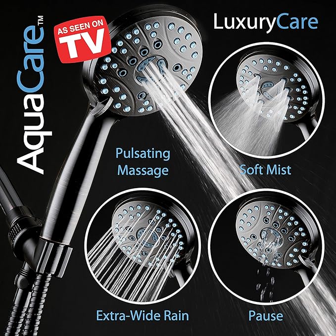 Hotel Spa AquaCare High Pressure 8-mode Handheld Shower Head - Anti-clog Nozzles, Built-in Power Wash to Clean Tub, Tile & Pets, Extra Long 6 ft. Stainless Steel Hose, Wall & Overhead Brackets
