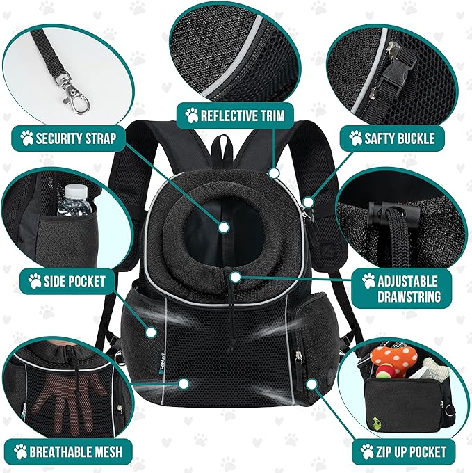 PetAmi Dog Front Carrier Backpack, Ventilated Adjustable Dog Pet Cat Chest Carrier Backpack, Dog Carrier for Hiking Camping Travel, Small Dog Puppy Medium Cat Carrying Bag, Max 14 lbs, Black