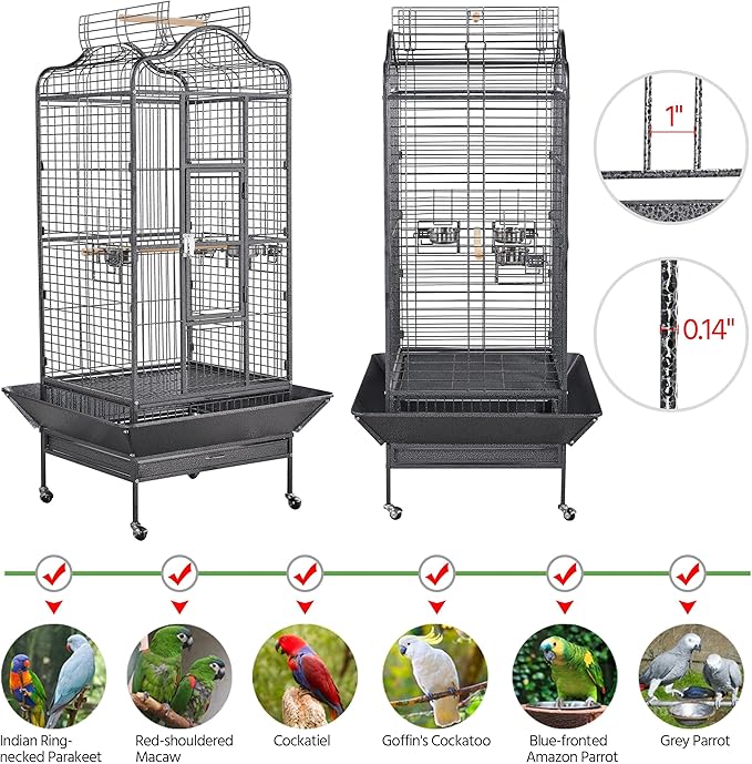 Yaheetech Extra Large Bird Cage 63'' Open Play Top Bird Cage for African Grey Parrots/Amazon Parrot/Caiques/Macaw with 360° Wheels