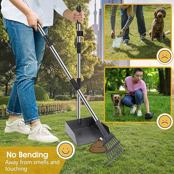 Dog Pooper Scooper, 20L Large Dog Poop Trash Can Outside with Removable Inner Bucket, Poop Trash Can for dog Outdoors with 90 Waste Bags, 37inch Long Handle Stainless Metal Tray & Rake