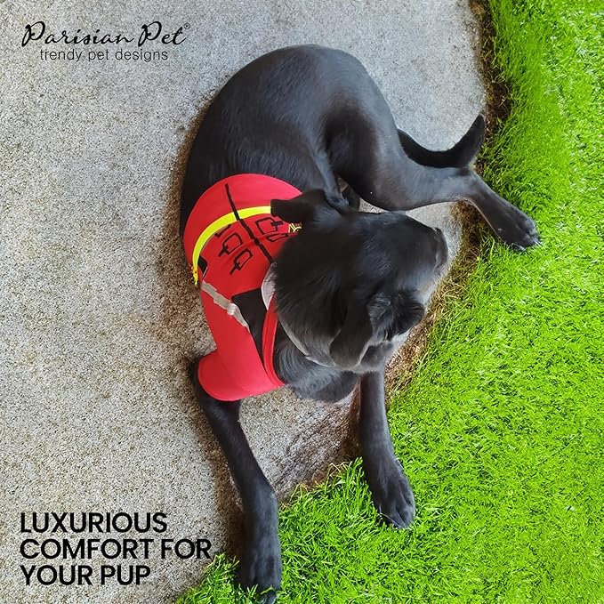 Parisian Pet Embroidered Firefighter Costume - 100% Cotton & Polyester Dog Clothes - Sleeved Red Dog Costume - 3XL