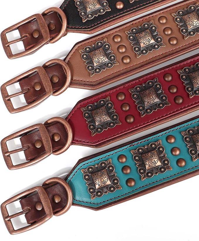 PET ARTIST Genuine Leather Dog Collar for Large Dogs, 2 inch Wide Luxury Dog Collar with Rivet Studded & Metal Buckle, Comfortable & Stylish Pet Collars for Great Dane Rottweiler,Red,Neck 22-25"