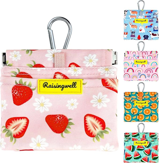 Dog Treat Pouch,Cotton Pocket Sized Training Holder, Hand Free Walking Funny Bag with Carabiner, Self-Closing Pet Feed Snack Reward, Behavior Aids for Puppy Travel or Outdoor Use（Strawberry）
