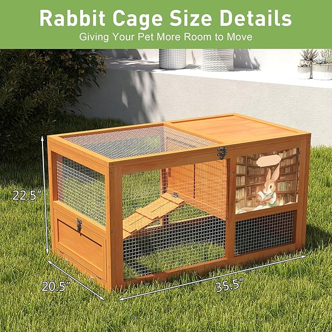 COZIWOW 36.5-Inch Double-Decker Wooden Rabbit Hutch with Wheels, Featuring A Cleaning Tray and Ladder—Stylish and Easy to Assemble（Orange and Pattern）
