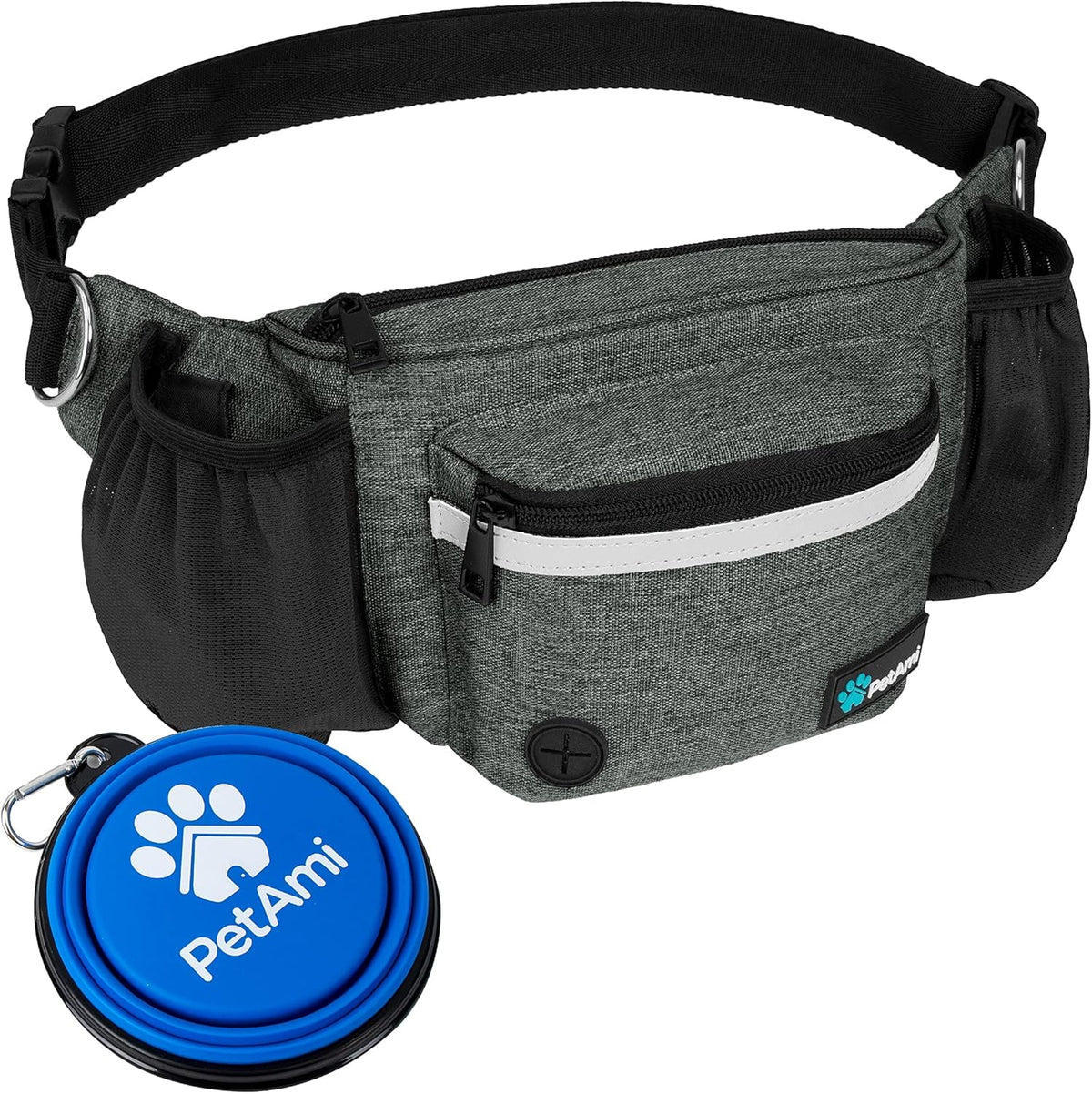 PetAmi Dog Fanny Pack, Treat Pouch for Dog Walking, Training, Built in Poop Bag Dispenser, Water Bottle Holder, Collapsible Bowl, Pet Treat Waist Belt for Hiking, Running, Kibbles (Charcoal)