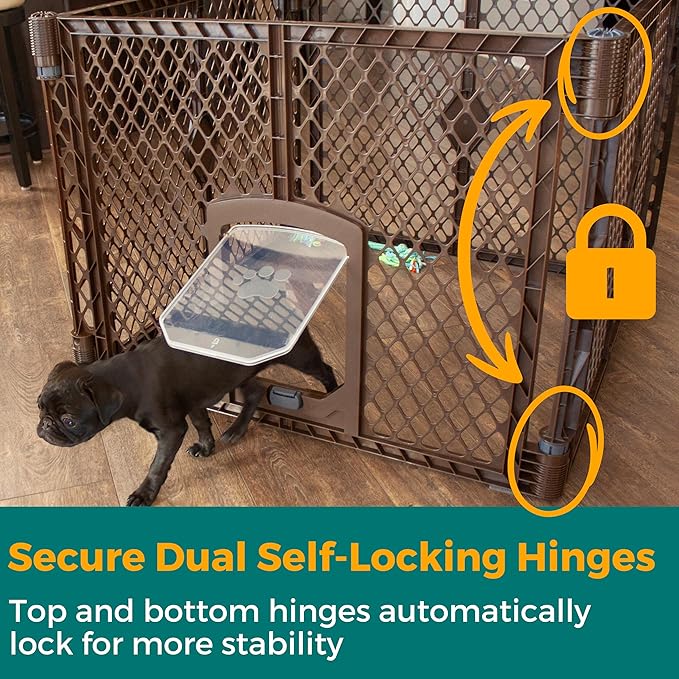 MyPet North States Petyard Passage: 4-Panel Folding Dog Playpen Indoor or Outdoor. 7 sq. ft. Puppy Playpen, Lockable Pet Door. Freestanding Play Pen Dog Gate. Made in USA. 26" Tall, Brown