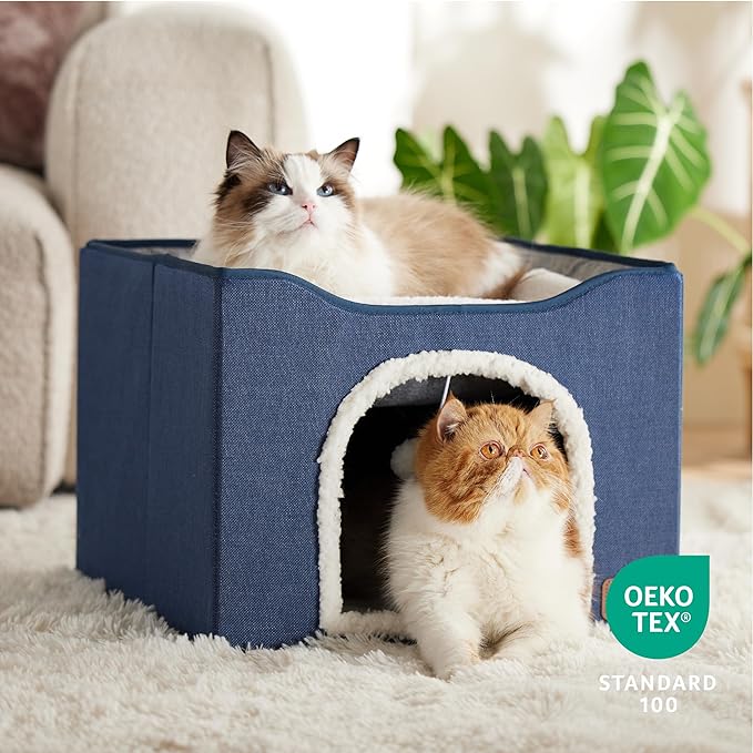 Bedsure Cat Beds for Indoor Cats - Large Cat Cave for Pet Cat House with Fluffy Ball Hanging and Scratch Pad, Foldable Cat Hideaway, 16.5x16.5x13 inches, Blue