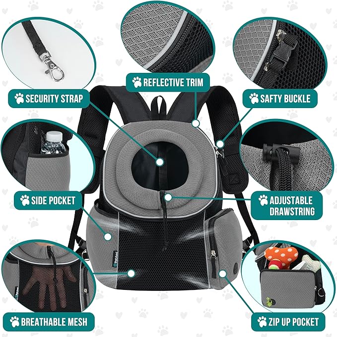 PetAmi Front Carrier Backpack for Dogs and Cats - Ventilated Adjustable Pet Chest Carrier for Hiking, Camping, Travel - Small to Medium Pets Up to 10 lbs - Grey