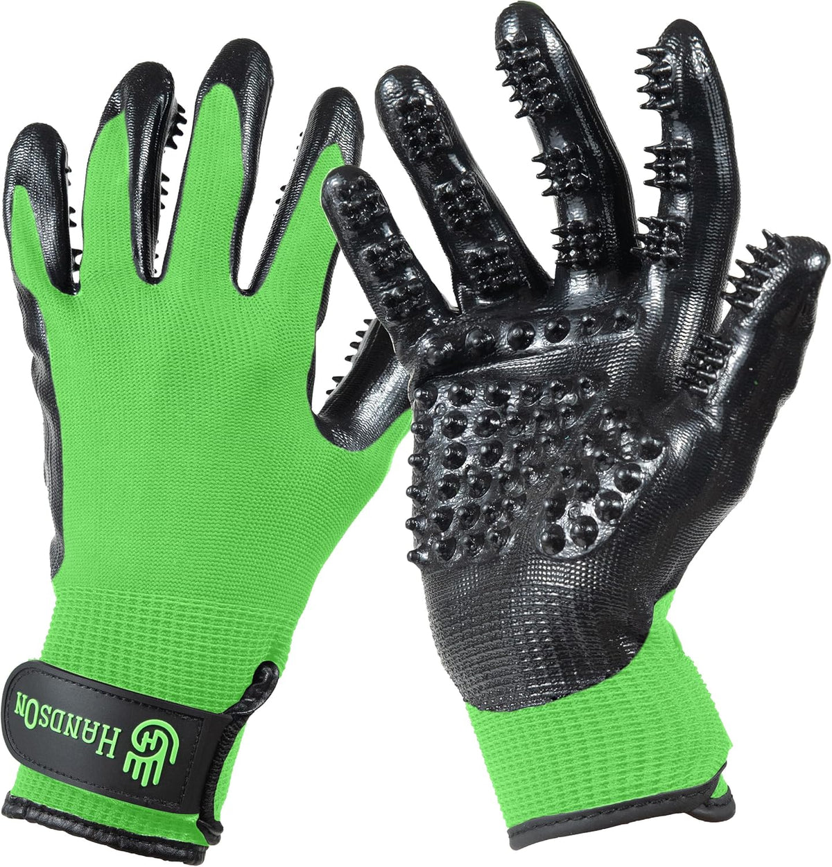H HandsOn Pet Grooming Gloves - Patented #1 Ranked, Award Winning Shedding, Bathing, & Hair Remover Gloves - Gentle Brush for Cats, Dogs, and Horses (Green, Junior)