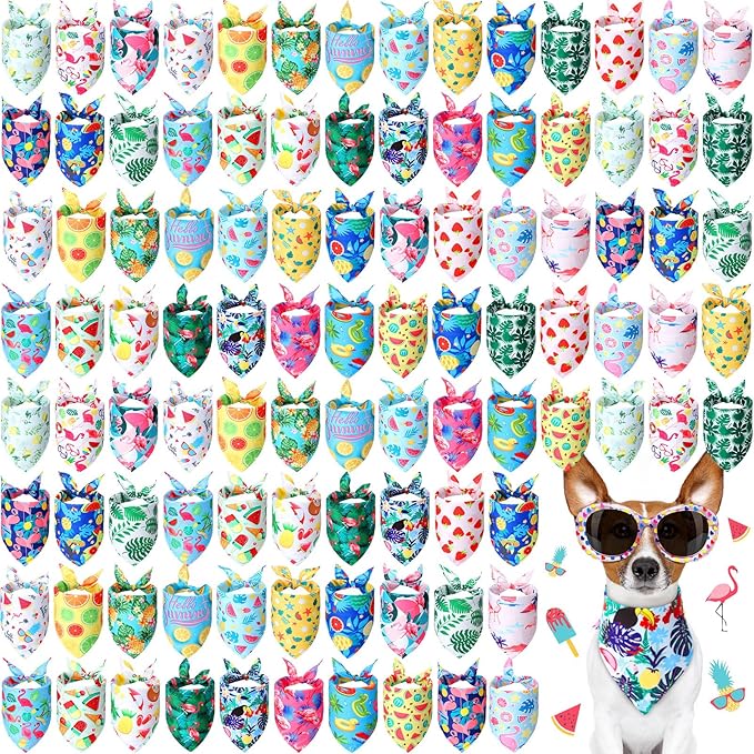 Chunful 100 Pieces Dog Bandanas Bulk Summer Pet Bandanas Pack Triangle Scarf Bib Kerchief Set for Small Large Dog Costume Accessories Decoration(31.5 x 21.7 x 21.7,Fruit)