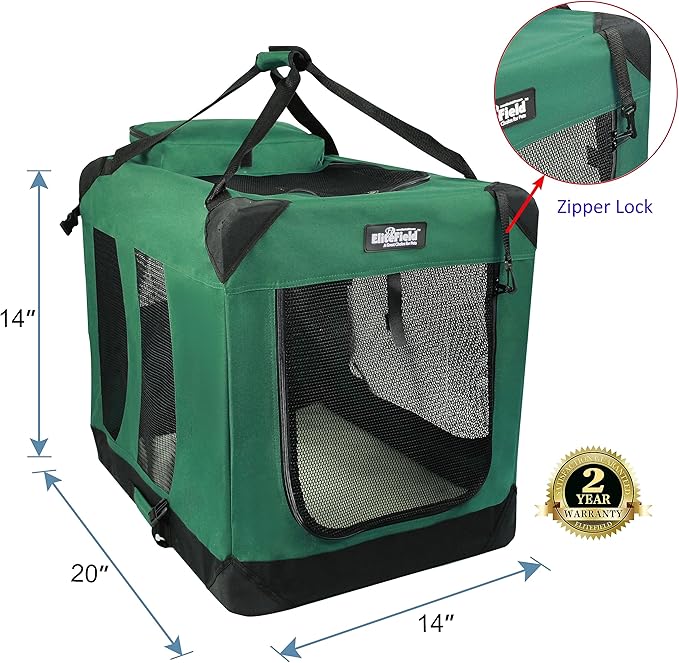 EliteField 3-Door Folding Soft Dog Crate with Carrying Bag and Fleece Bed (2 Year Warranty), Indoor & Outdoor Pet Home (20" L x 14" W x 14" H, Green)