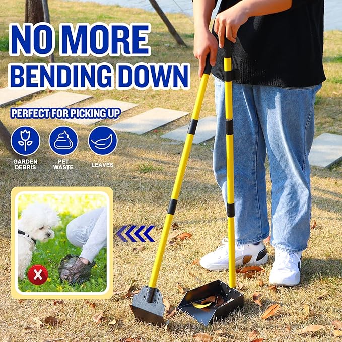 Dog Pooper Scooper,Tray and Spade Set Poop Scooper for Dogs, Adjustable Long Handle Metal Pooper Scooper with Bin for Pet Waste Removal, No Bending Clean Up for Medium and Large Dogs