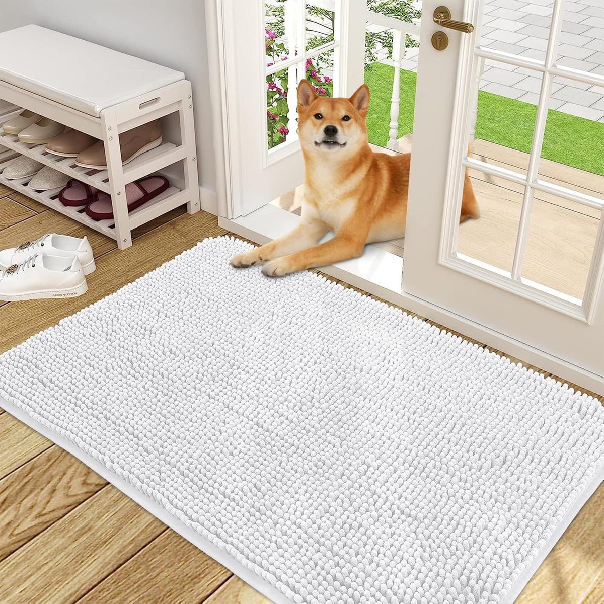 OLANLY Dog Door Mat for Muddy Paws 48x30, Absorbs Moisture and Dirt, Absorbent Non-Slip Washable Doormat, Quick Dry Chenille Mud Mat for Dogs, Entry Indoor Entryway Carpet for Inside Floor, White