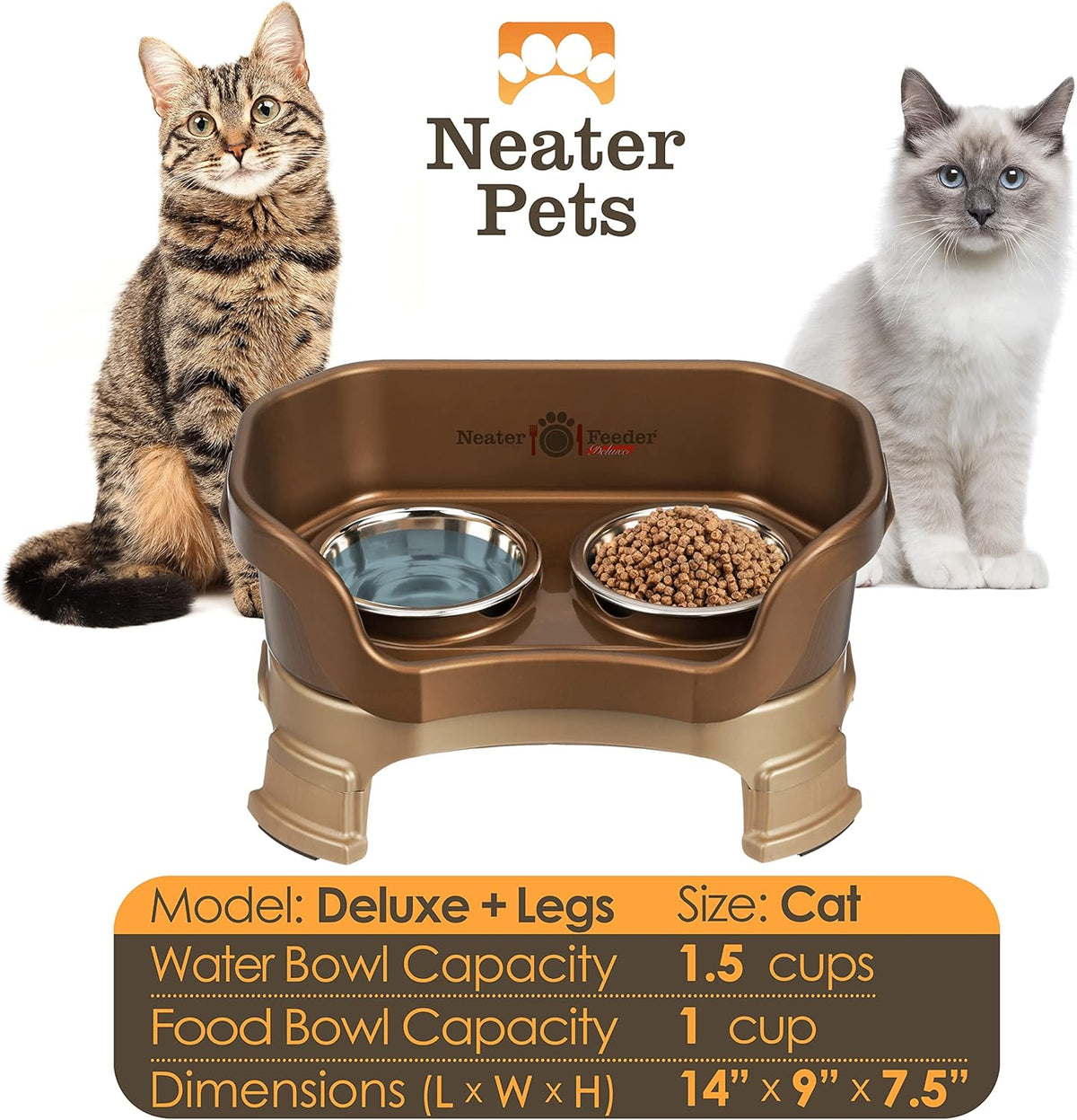 Neater Feeder Deluxe Mess Proof Cat Bowls Elevated for All Breeds – Made in USA – No Spill Raised Cat Bowls for Indoor Cats w/Leg Extensions – Stainless Steel Cat Food and Water Bowl Set - Bronze
