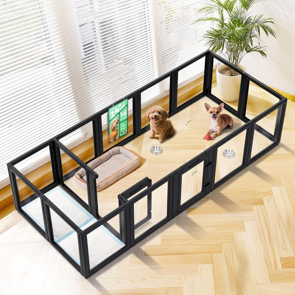 FXW AuraSpace Acrylic Indoor Unleashed Dog Playpen for Puppies and Small Dogs, 24 Inch, 16 Panels, Black