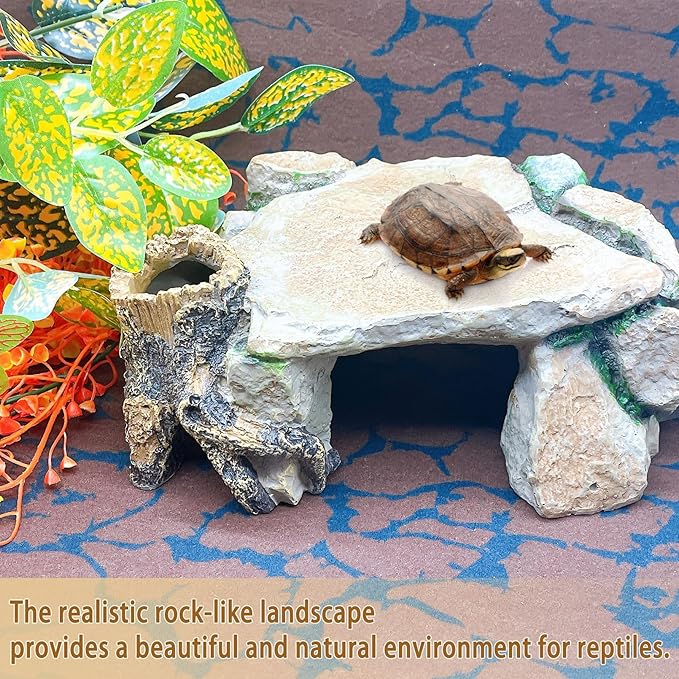 BNOSDM Reptile Hide Cave, Turtle Basking Platform, Terrarium Resin Rock Decor, Lizard Hideout Rocks Tank Accessories for Bearded Dragons, Snake, Leopard Gecko, Tortoise, Axolotls