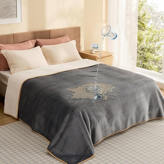 Bedsure Waterproof Blanket for Bed Intimacy- Sherpa Fleece Waterproof Dog Blankets for Large Dogs, Pet Blankets for Bed/Couch, Soft Plush Reversible Furniture Protector, Queen Size, 90"x86", Grey