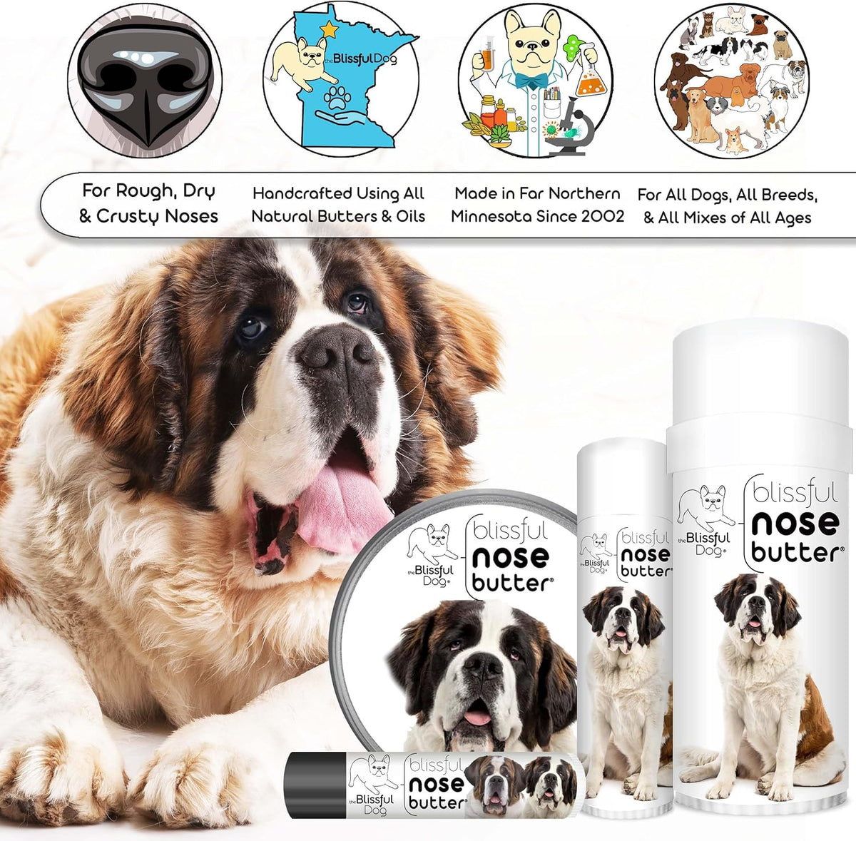 The Blissful Dog St. Bernard Nose Butter for Dry, Cracked Skin, Lick-Safe Dog Nose Balm with Moisturizing Shea Butter, Almond, Olive, and Essential Oils, Pet Supplies, Uncented, 8 oz.