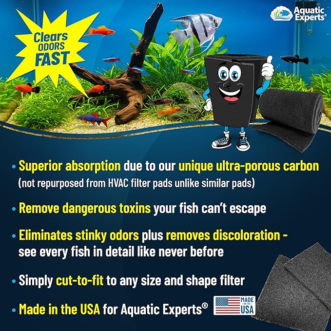 Aquarium Carbon Pad - Cut to Fit Carbon Infused Filter Pad Media for Crystal Clear Fish Tank and Ponds (18 Inch Width, 36 Inch Long)