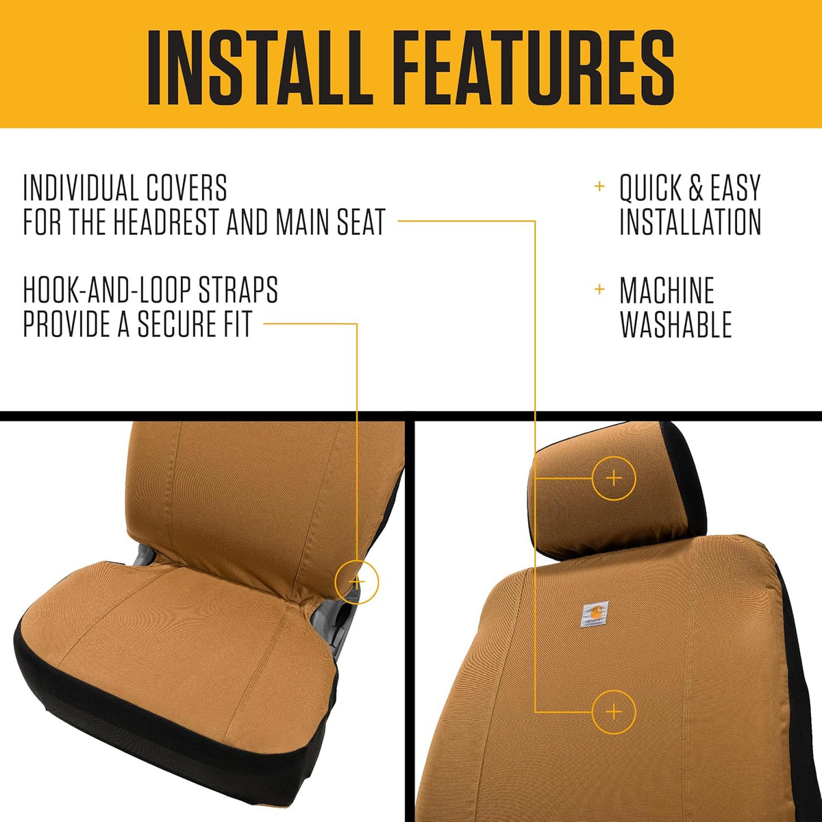 Carhartt Universal Nylon Duck Canvas Fitted Bucket Seat Cover, Durable Seat Protection with Rain Defender, Single, Black