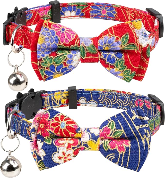 Collar for Cat Pet Breakaway with Bell Bowtie Detachable Bow Adjustable Safety Kitten Puppy Girl Boy 2pcs Navy Blue & Red