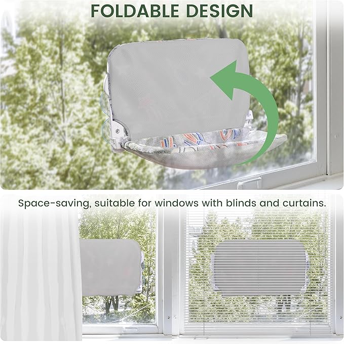 2 Pack Cat Window Perch, Glow in The Dark Foldable Cat Hammock with Sunken Design & Removable Soft Cover, Breathable Cordless Window Bed for Resting Indoor Kitten (Shallow Perch, 2 Pack - M)