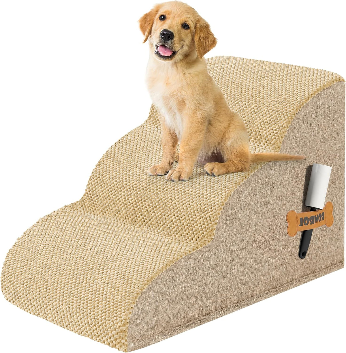 Romrol Dog Stairs Ramp for High Beds Couches, High Density Foam Pet Steps with Durable Non-Slip Waterproof Fabric Cover, Dog Stairs for Small Dogs or Cats or Pets, 3-Step,15 Inch,Beige