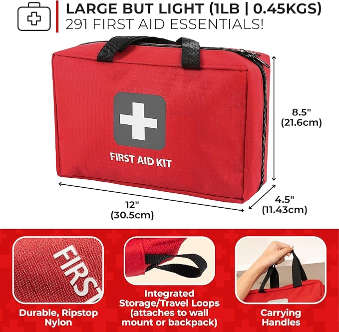 Thrive Home Essentials First Aid Kit (291 Pieces) - First Aid Bag with Multi-Sized Bandage, Gauze, Wipes, Scissors, Gloves, Tape, Ice Pack and More