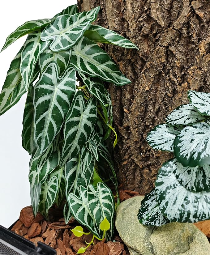 Woyrise Reptile Plants, Terrarium Hanging Plant Vines, Artificial Leaves with Suction Cup, Bearded Dragon Tank Accessories for Gecko Lizard Snake Frog Tortoise Decorations - Alocasia Velvet