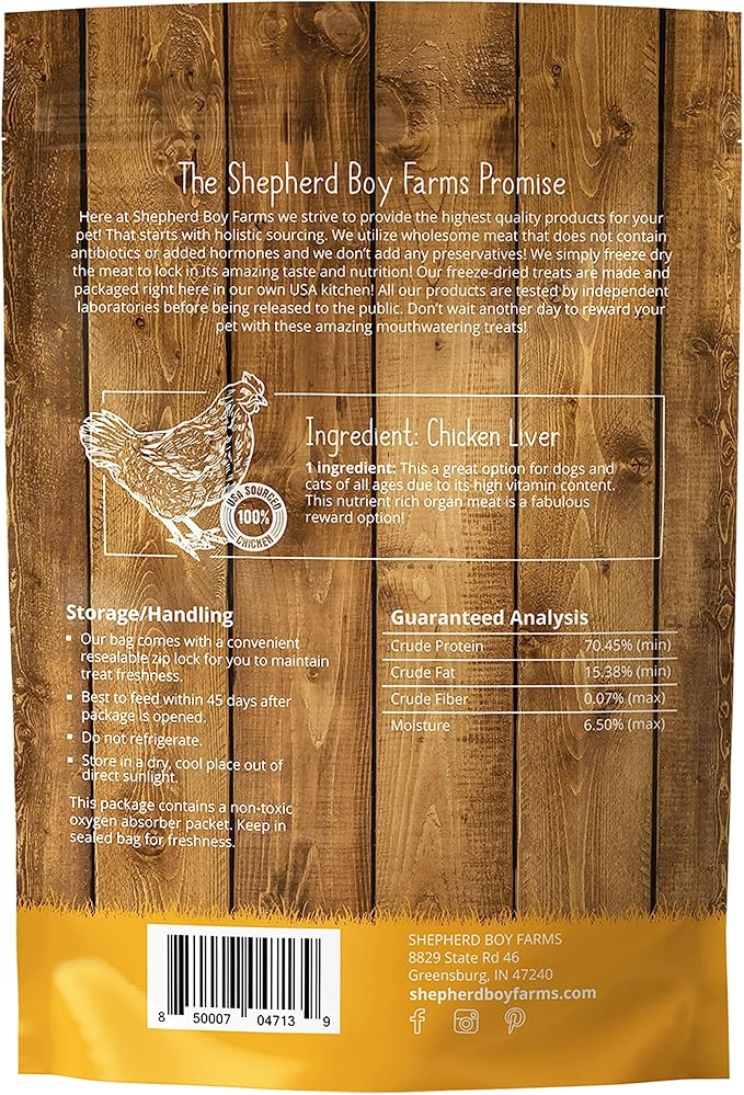 Shepherd Boy Farms Freeze Dried Dog and Cat Treats, Chicken Liver, All Natural Single Ingredient Freeze-Dried Dog Treat & Snacks, Made in USA, High Protein, Essential Nutrition Raw Food, 3oz