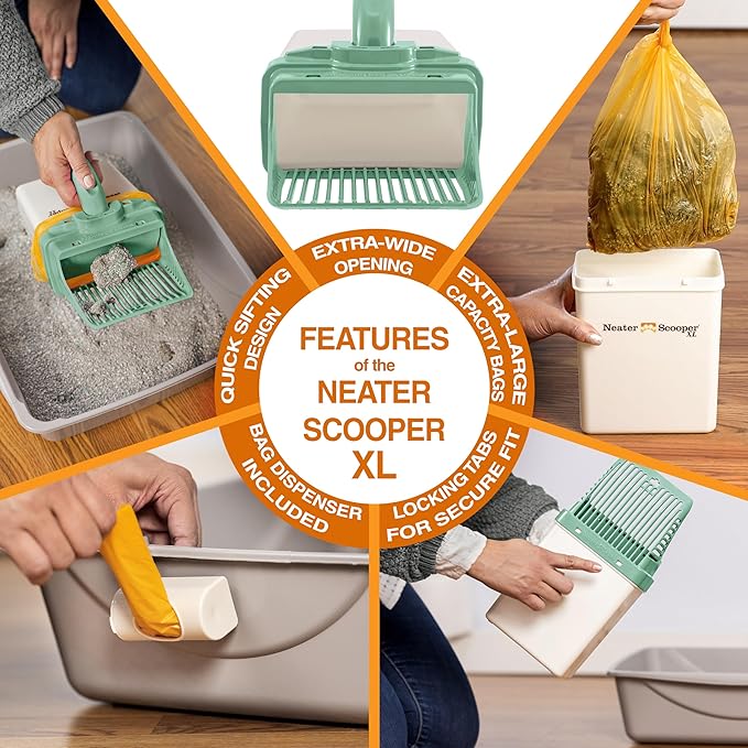 Neater Pet Brands Neater Scooper XL Cat Litter Scoop, 195 Refill Bags – Extra-Large Capacity Mess-Free Cat Litter Scooper with Bag for Large & Multiple Cats, Spill-Proof Litter Box Scooper with Holder