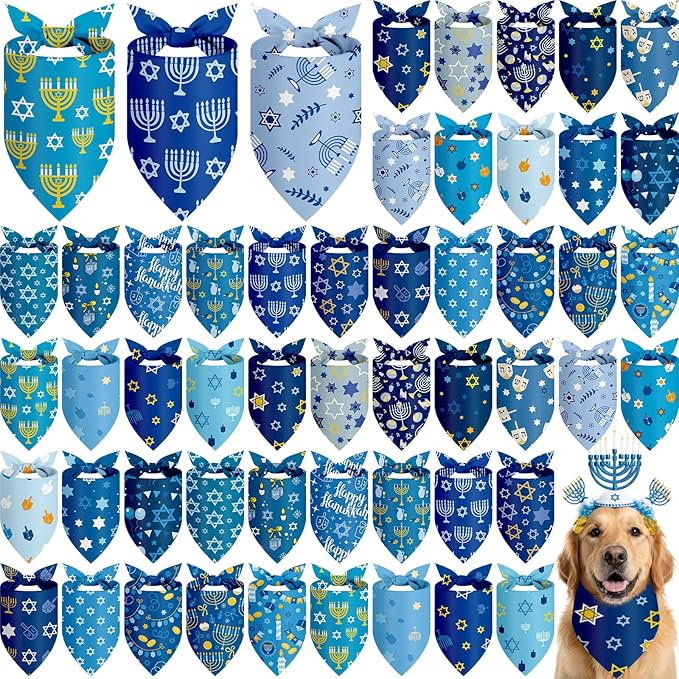 Abbylike 50 Pcs Hanukkah Dog Bandanas Bulk Blue Bandanas for Dogs Triangle Kerchief Bibs Scarf Set for Pet Hanukkah Costume Photo Props Accessories Pet Shops, 25 Styles (25.6 x 17.7 x 17.7)