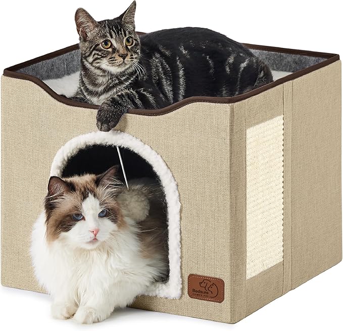 Bedsure Cat Beds for Indoor Cats - Large Cat Cave for Pet Cat House with Fluffy Ball Hanging and Scratch Pad, Foldable Cat Hideaway, 16.5x16.5x13 inches, Brown