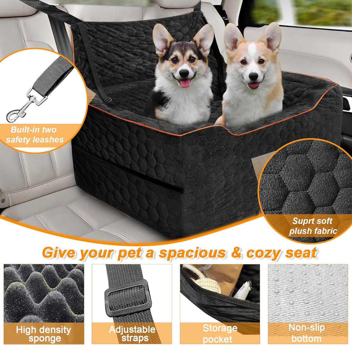 Dog Car Seat for Medium/Large Dogs, Washable Dog Booster Seat Under 60 lbs or 2 Small Dogs, Multi-Functional Pet Car Seat with Thick Cushion, 2 Safety Leashes (Black)