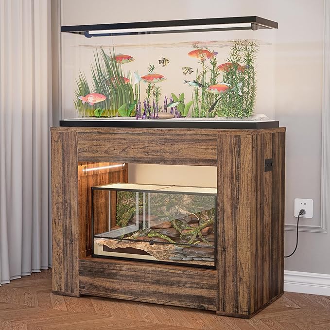 40-50 Gallon Aquarium Stand with Power Outlet,Led Light,Large Storage Drawer,Heavy Duty fish tank Stand for Turtle Tank, Turtle Reptile,Amphibians Terrarium,Rustic Brown
