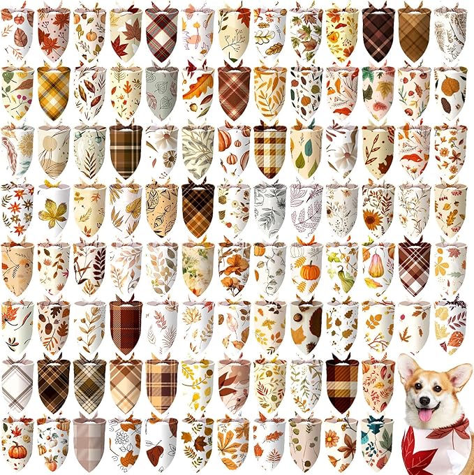 100 Pcs Fall Dog Bandanas Bulk Pet Bibs Colorful Triangle Scarf Autumn Pet Bandanas for Medium Large Dogs Fall Autumn Harvest Festival Costume Decor