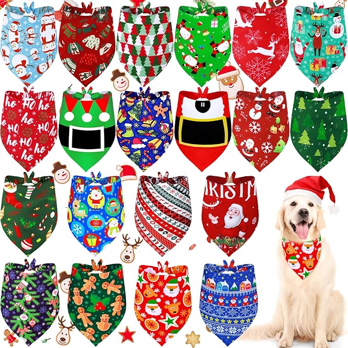 Weewooday 20 Pieces Christmas Dog Bandanas for Dogs Santa Claus Christmas Tree Triangle Pet Bib Adjustable Pet Bandana Soft Doggy Kerchief Accessories for Pet Costume Accessories Decor