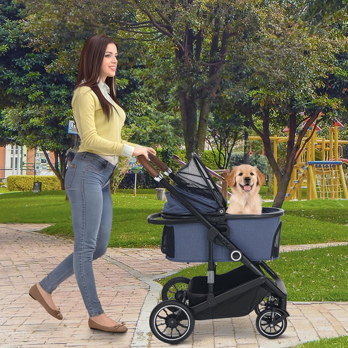 Pet Stroller with 4 Wheels, 3 in 1 Folding Puppy Strollers for Small/Medium Dogs Cats up to 50lbs, Lightweight Pet Travel Carrier with Detachable Cushion, Storage Basket and Cup Holder, Blue
