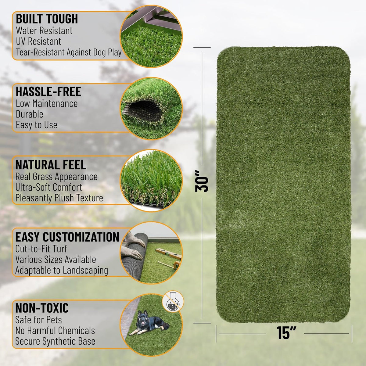 Ottomanson Pet Training Collection Easy Clean Indoor/Outdoor Reusable Training Grass Pad, 15" x 30", Green