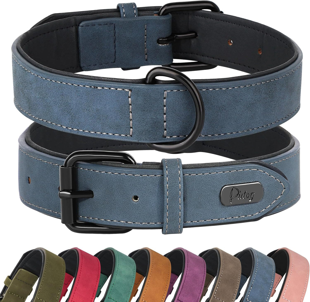 Didog Soft Padded PU Leather Dog Collar, Breathable and Adjustable Dog Collar for Large Dogs, Comfortable for Daily Walk, Blue, XL Fit Neck 17-21"(44-71 lbs)