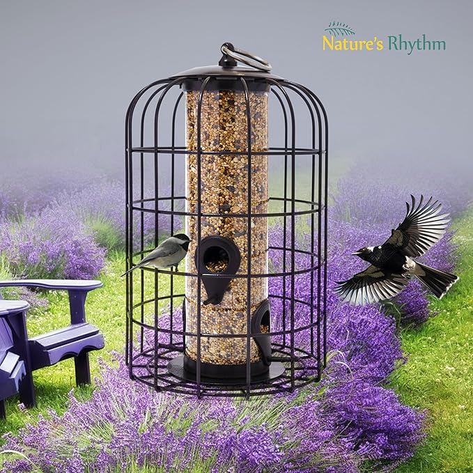 Nature's Rhythm Outdoor Hanging Bird Feeder Cage PC Tube Squirrel Proof Wild Bird Feeder with Large Metal Seed Guard Deterrent Green