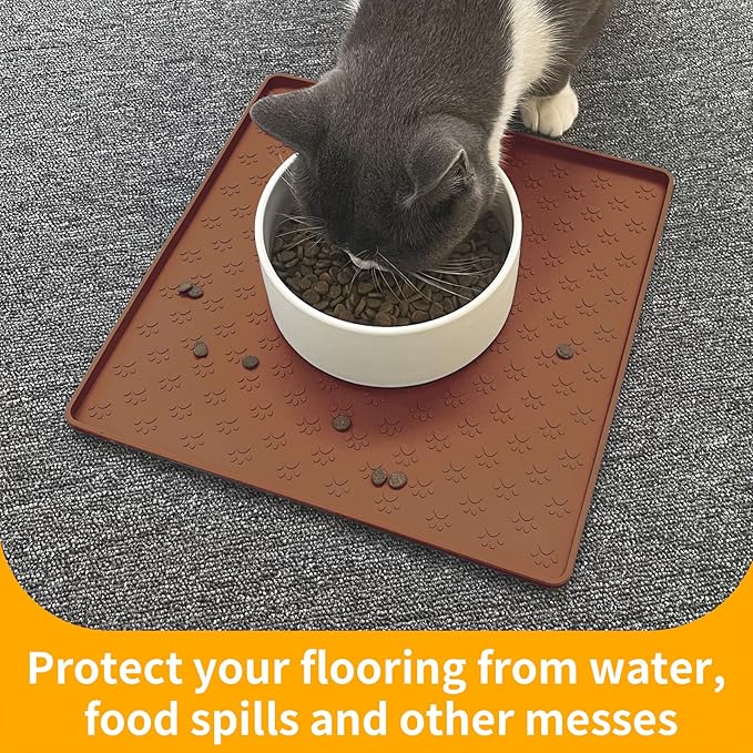 Ptlom Pet Placemat for Dog and Cat, Waterproof Silicone Pet Feeding Bowl Mats for Food and Water, Small Medium Large Dogs Mat Prevent Residues from Spilling to Floor, Brown, 11.8"x11.8"