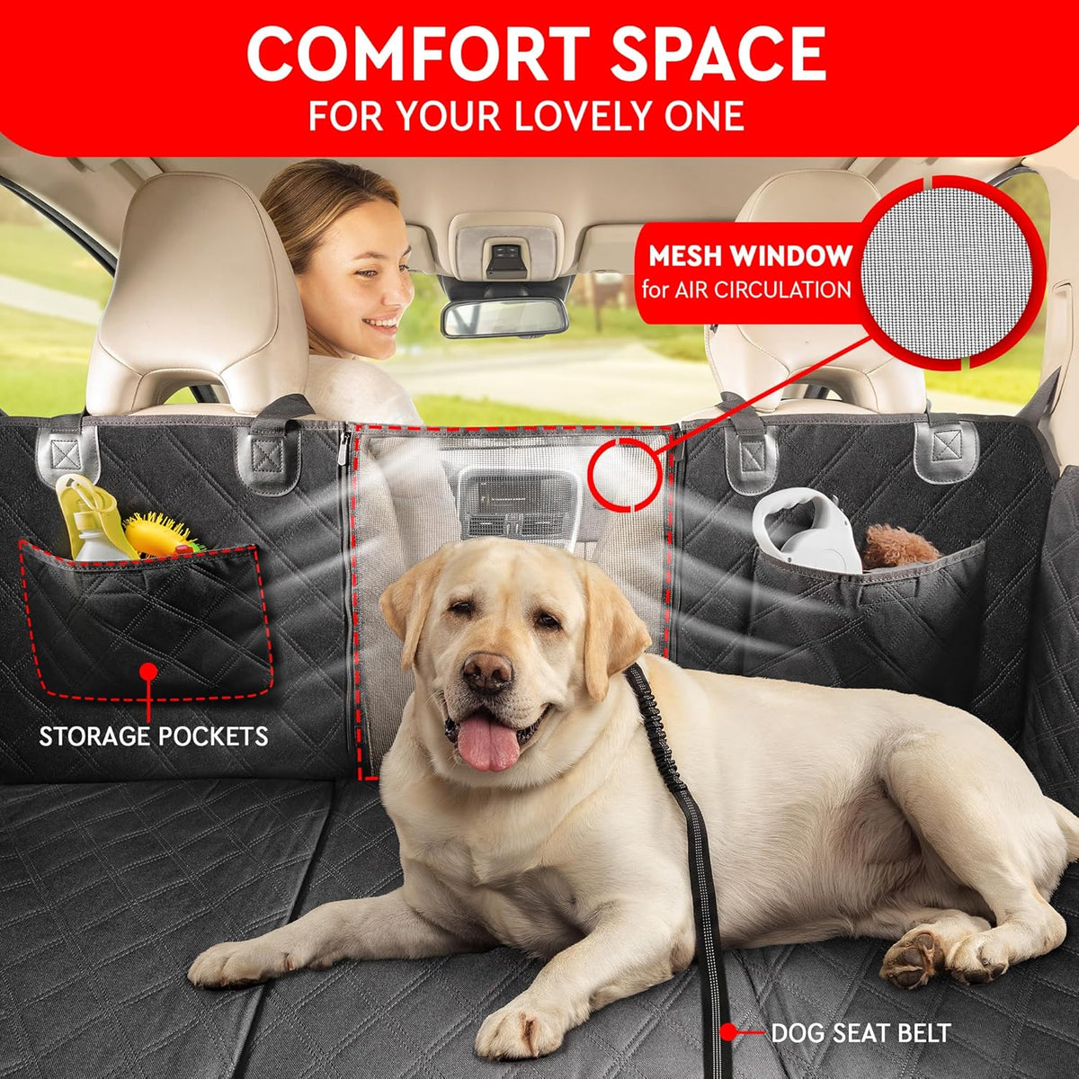 Helteko Back Seat Extender for Dogs - Premium Car Seat Cover with Hard Bottom Holds 400 lbs, Waterproof Hammock for Pet (Black L, for Cars/Mid-Size SUV/Small Truck)