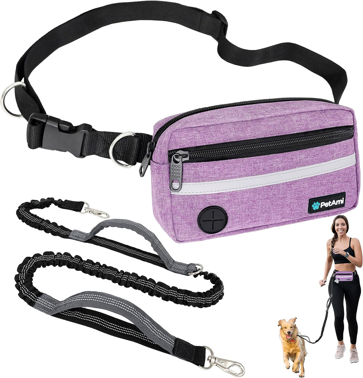 PetAmi Hands Free Dog Leash, Dog Running Leash Belt for Walking Jogging, Dog Waist Zipper Pouch Fanny Pack with Poop Bag Dispenser, Dual Padded Handle Bungee Leash for Small Medium Large Dogs, Single